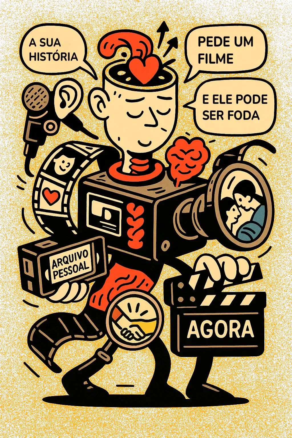 Ilustração de uma câmera simbólica com elementos de narrativa documental